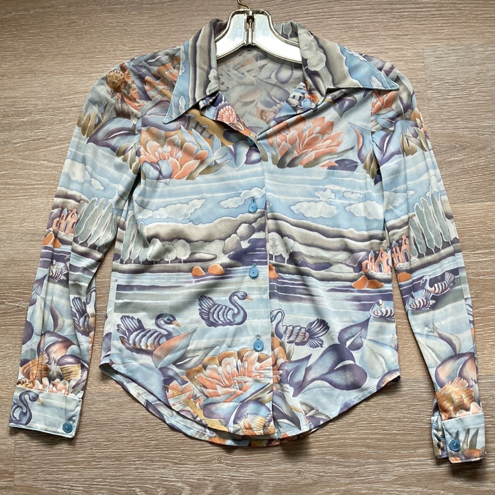 Vintage 1970’s handmade cropped fairytale swan lake print collared blouse